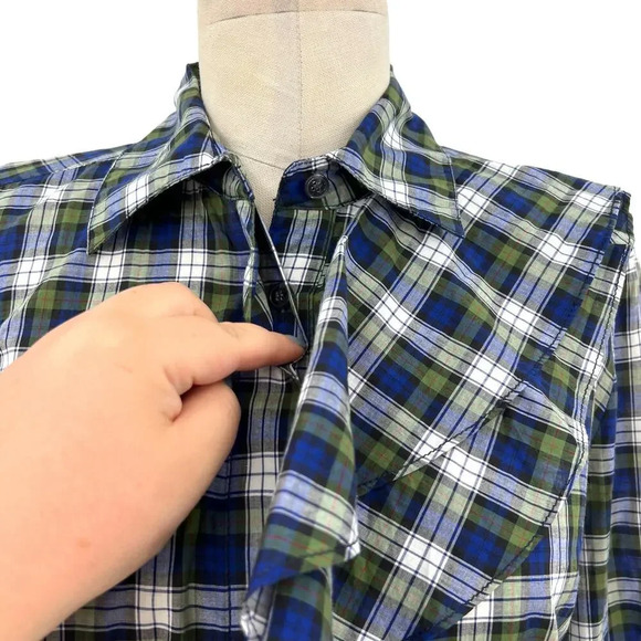 Tory Burch Tartan‎ Plaid Ruffle Collared Button Up Shirt Blue Green Size 4 - Picture 5 of 12